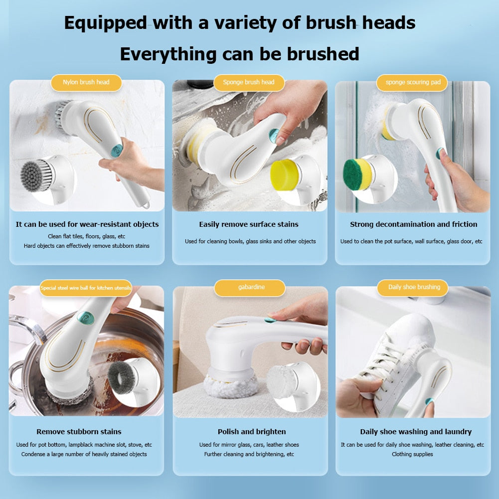 5-In-1Multifunctional Electric Cleaning Brush Usb Charging Bathroom Wash Brush Kitchen Cleaning Tool Dishwashing Brush Bathtub